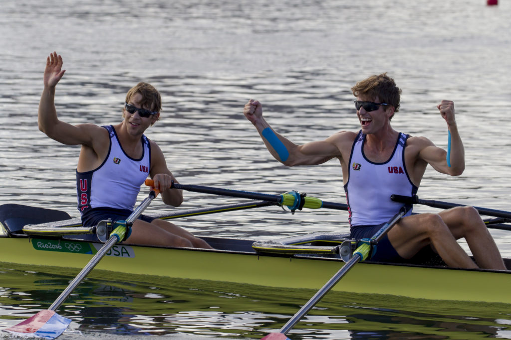 Andrew and Josh celebrate qualifying for the A final. Photo courtesy of Ed Hewitt/Row2k/USRowing